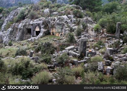 Ancient ruins and rock in Pinara, Turkey