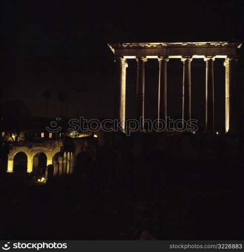 Ancient Ruins Illuminated At Night