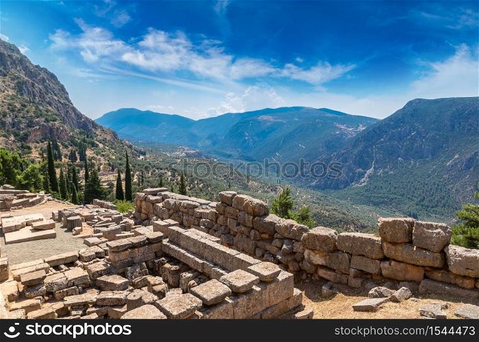 Ancient ruins in Delphi, Greece in a summer day