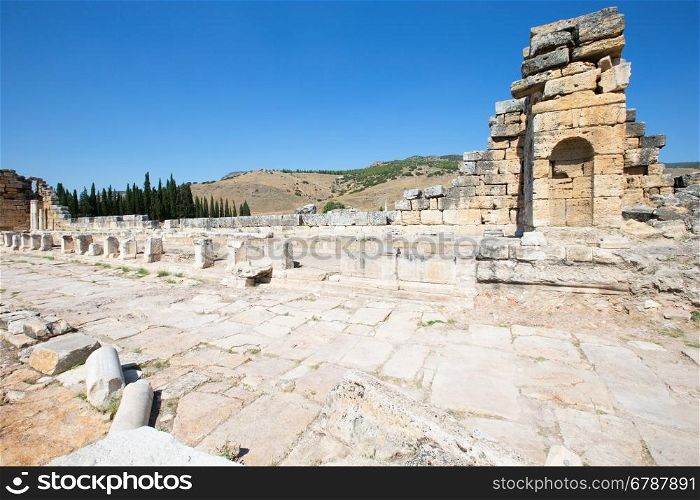 Ancient ruins in Hierapolis, Pamukkale, Turkey.