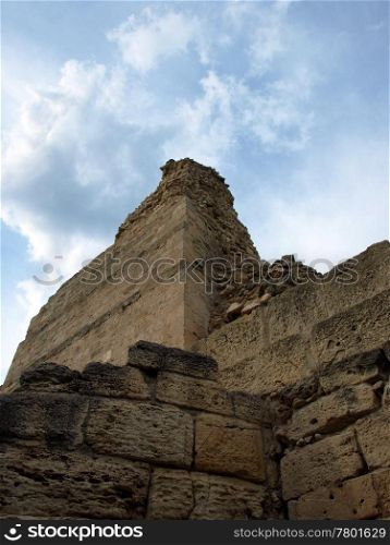 Ancient ruins in the background of dramatic blue sky.Chersonese.Crimea. Ukraine. Ruins