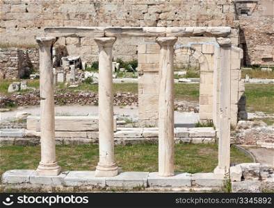 Ancient ruins in the Roman Agora or Forum in the centre of Athens, Greece.