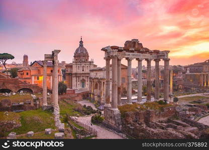 Ancient ruins of a Roman Forum or Foro Romano at sunsrise in Rome, Italy. View from Capitoline Hill. Ancient ruins of Roman Forum at sunrise, Rome, Italy