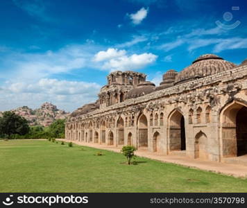 Ancient ruins of Elephant Stables, Royal Centre. Hampi, Karnataka, India. Stitched panorama