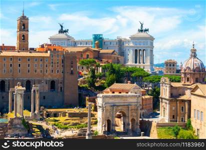 Ancient ruins of forum and Victor Emmanuel II monument in Rome, Italy. Forum and Victor Emmanuel