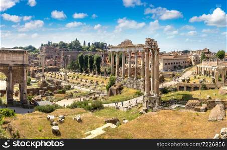 Ancient ruins of Forum in a summer day in Rome, Italy