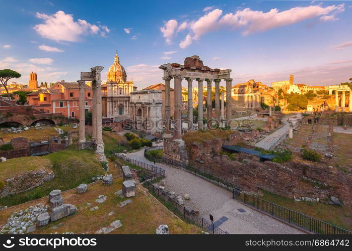 Ancient ruins of Roman Forum at sunset, Rome, Italy. Ancient ruins of a Roman Forum or Foro Romano at sunset in Rome, Italy. View from Capitoline Hill