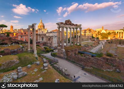 Ancient ruins of Roman Forum at sunset, Rome, Italy. Ancient ruins of a Roman Forum or Foro Romano at sunset in Rome, Italy. View from Capitoline Hill