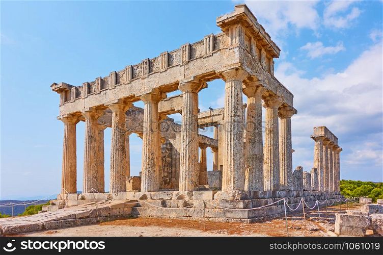 Ancient ruins of Temple of Aphaea near Agia Marina town in Aegina Island, Saronic Islands, Greece