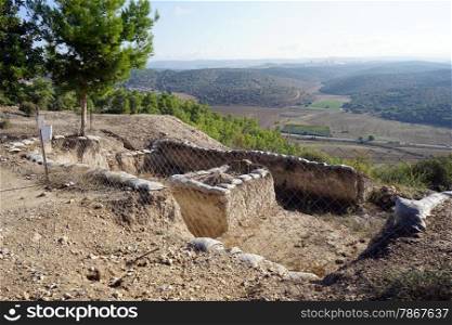 Ancient ruins on the top of Tel Azeka hill in Israel