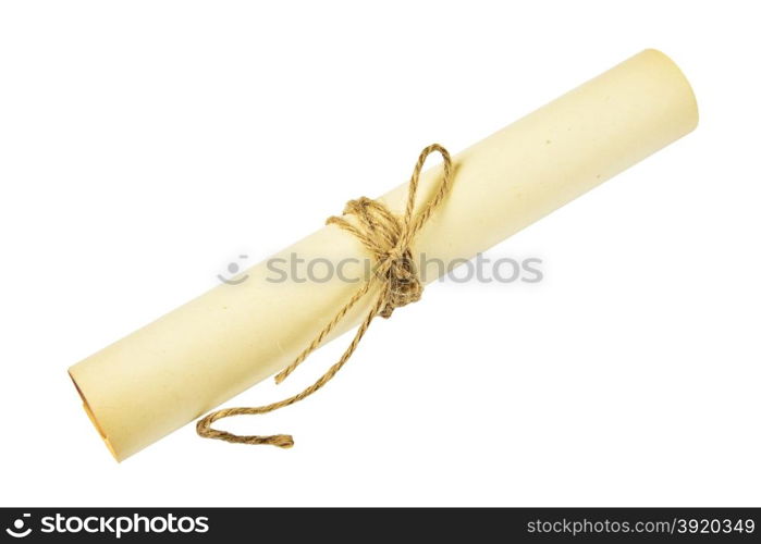 Ancient scroll of yellowed paper, tied with twine, isolated at white