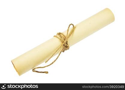 Ancient scroll of yellowed paper, tied with twine, isolated at white
