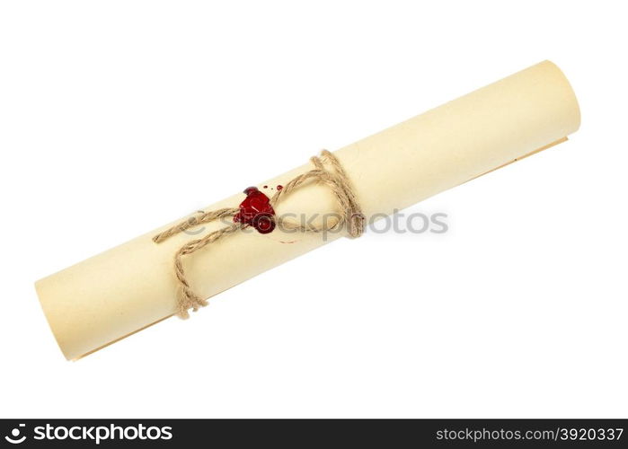 Ancient scroll of yellowed paper, tied with twine with sealing wax, isolated at white