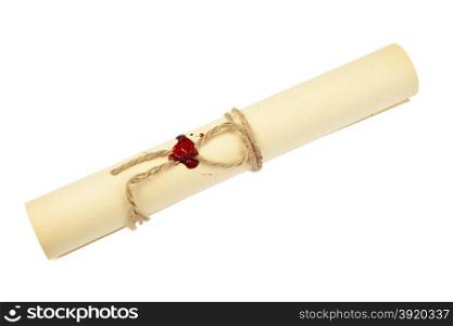 Ancient scroll of yellowed paper, tied with twine with sealing wax, isolated at white