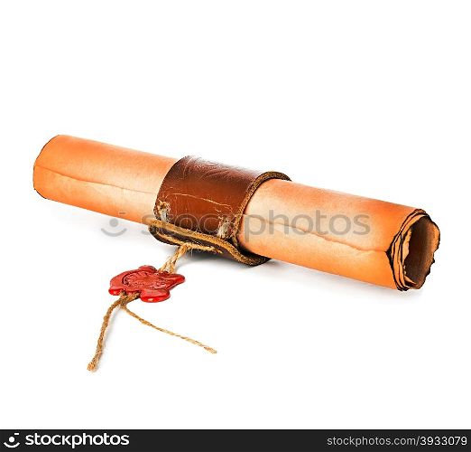 Ancient scroll with wax seal isolated on white background
