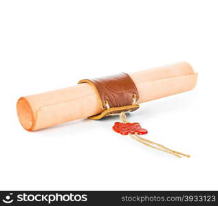 Ancient scroll with wax seal isolated on white background