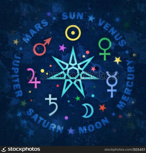 Ancient Star of Medieval magicians: The Septennaire -- the seven classical planets of Astrology. (Gem grunge ultramarine medieval version).