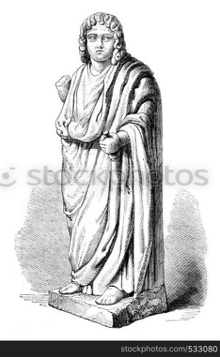 Ancient statue preserved in the Library of the city of Auch, vintage engraved illustration. Magasin Pittoresque 1852.