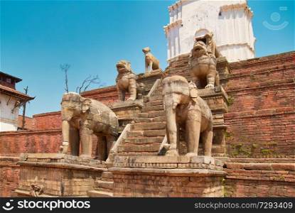 Ancient statues in old Bhaktapur city in Kathmandu, Nepal