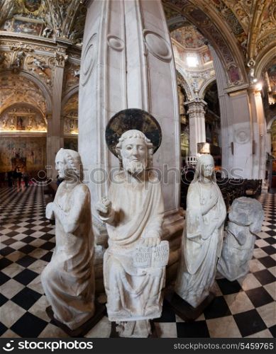 Ancient statues inside the roman catholic cathedral dedicated to Saint Alexander of Bergamo, Italy&#xA;