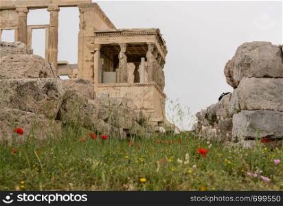 Ancient statues of the Caryatids on the Erechtheion or Erechtheum temple in Acropolis. Porch of the Caryatids on Erechtheion or Erechtheum in Athens