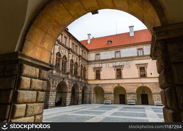 Ancient stone castle courtyard, nobody, Europe museum. Medieval european architecture, famous places for travel and tourism
