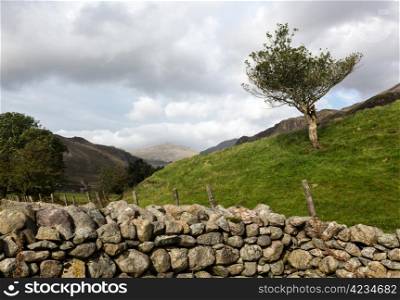 Ancient stone farm dry stone wall in English Lake District