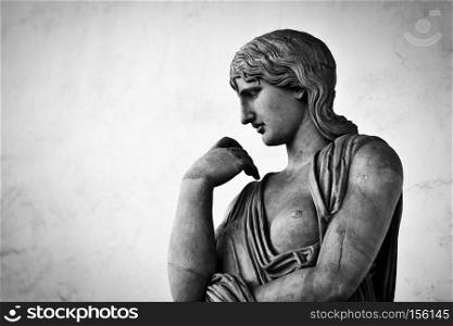 Ancient style sculpture of Menelaus supporting the body of Patroclus in Loggia dei Lanzi in Florence, Italy. Black and white, head close-up. Ancient sculpture of Menelaus supporting the body of Patroclus. Florence, Italy