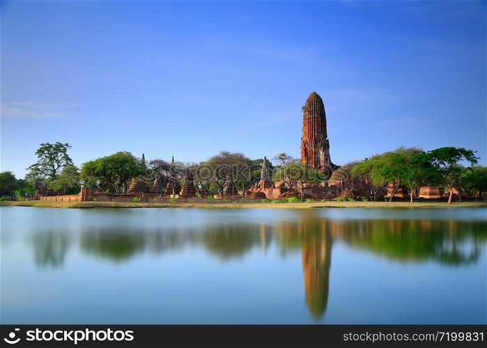 Ancient temples in the reflection view of swamp river. Temple of Ayutthaya Province (Ayutthaya Historical Park) Ayutthaya of Thailand, Asia.