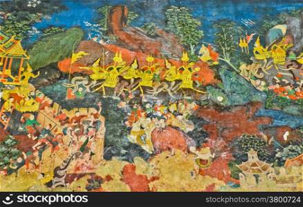 Ancient Thai mural on temple wall