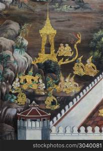 Ancient Thai mural painting of Ramakien epic inside of Wat Phra Kaew (Temple of the Emerald Buddha) in Bangkok, Thailand. The Ramakien is national epic of Thailand derived from the Indian Hindu Ramayana epic.