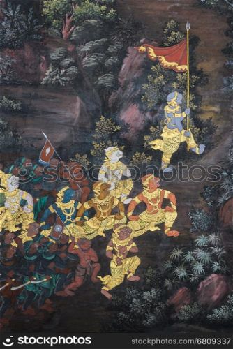 Ancient Thai mural painting of Ramakien epic inside of Wat Phra Kaew (Temple of the Emerald Buddha) in Bangkok, Thailand. The Ramakien is national epic of Thailand derived from the Indian Hindu Ramayana epic.