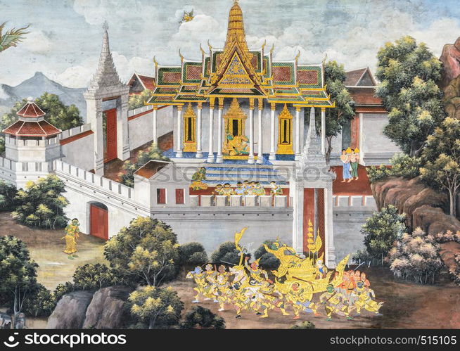 Ancient Thai mural painting of Ramakien epic inside of Wat Phra Kaew in Bangkok, Thailand