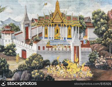 Ancient Thai mural painting of Ramakien epic inside of Wat Phra Kaew in Bangkok, Thailand