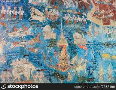 Ancient Thai mural painting of the Life of Buddha inside of Buddhist temple, Thailand