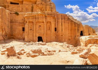 Ancient tomb of Roman soldier and funeral ballroom carved in sandstone rock, Petra, Jordan