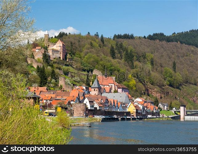 Ancient town village of Hirschhorn in Hesse district of Germany on banks of Neckar river