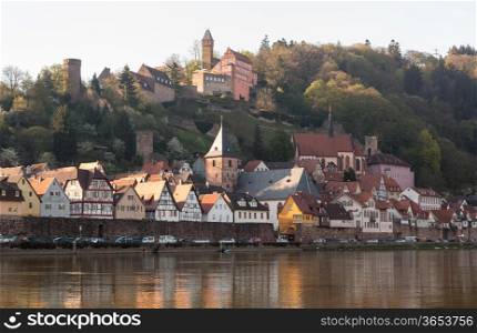Ancient town village of Hirschhorn in Hesse district of Germany on banks of Neckar river