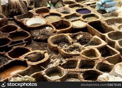 ancient traditional leather tannery at Fez, Morocco