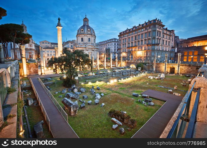 Ancient Trajans Forum square of Rome dawn view, capital city of Italy