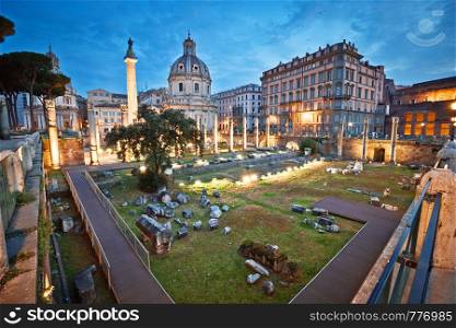 Ancient Trajans Forum square of Rome dawn view, capital city of Italy