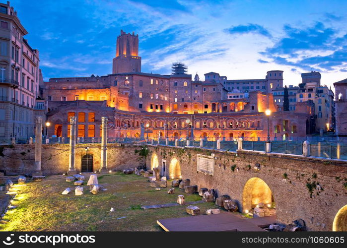 Ancient Trajans market and Forum square of Rome dawn view, capital city of Italy