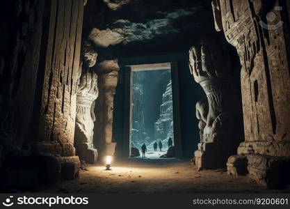 Ancient underground cave from treasure hunting game or movie. distinct generative AI image.. Ancient underground cave from treasure hunting game or movie