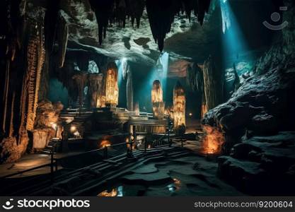Ancient underground cave from treasure hunting game or movie. distinct generative AI image.. Ancient underground cave from treasure hunting game or movie