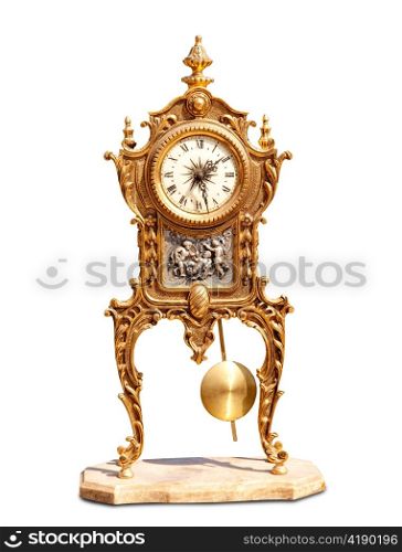 ancient vintage brass pendulum clock isolated on white