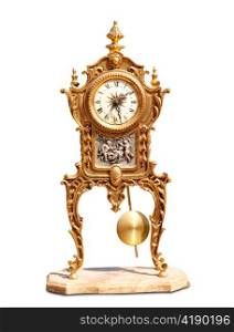 ancient vintage brass pendulum clock isolated on white