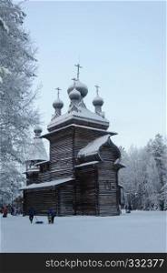 Ancient wooden Ascension church  1669  in the open air museum Malye Korely near Arkhanglesk, Russia. Winter time.