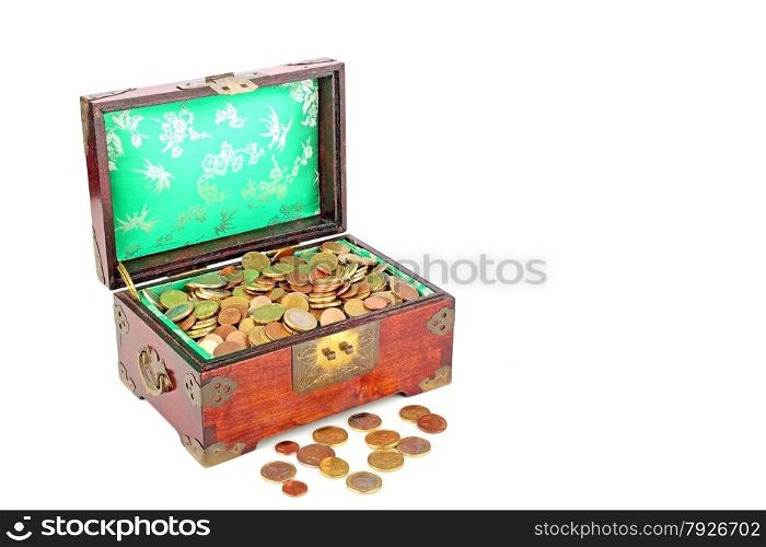 Ancient wooden chest full of euro coins