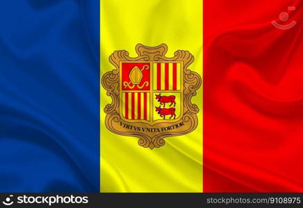 Andorra country flag on wavy silk fabric background panorama. Andorra country flag on wavy silk fabric background