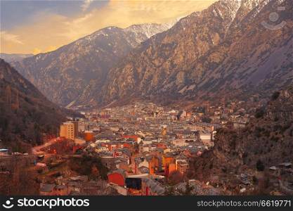 Andorra la Vella skyline at sunset in Pyrenees mountains